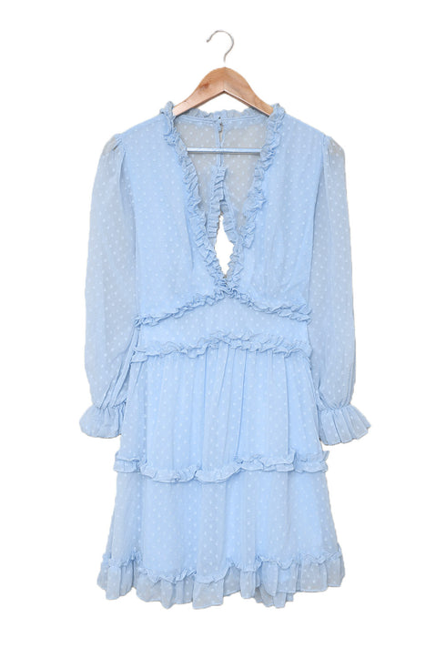 Layered Ruffled Open Back Puff Sleeve Swiss Dot Mini Dress